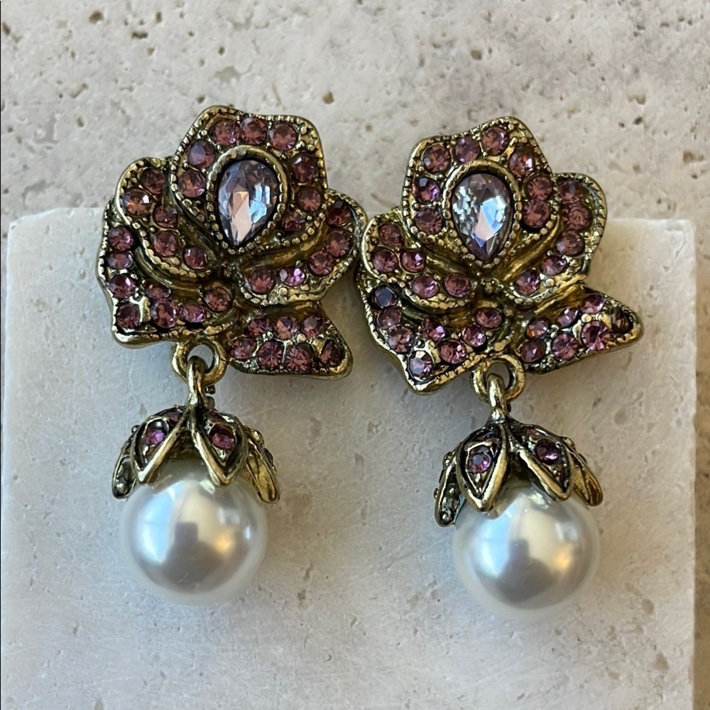 Heidi Daus Gold and Pink Floral Earrings with Filigree Design